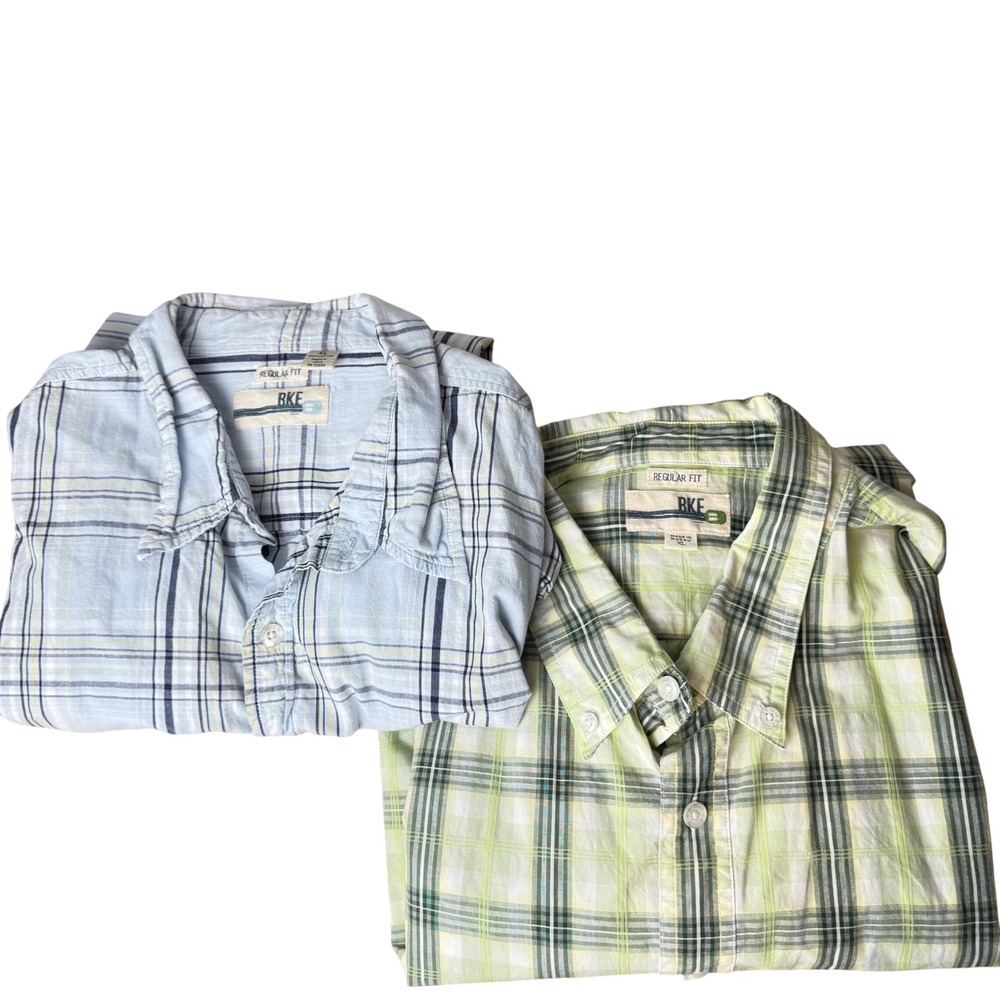 BKE Plaid Button Down Shirts Mens XL Blue Green 2 Pack Regular Fit Cotton